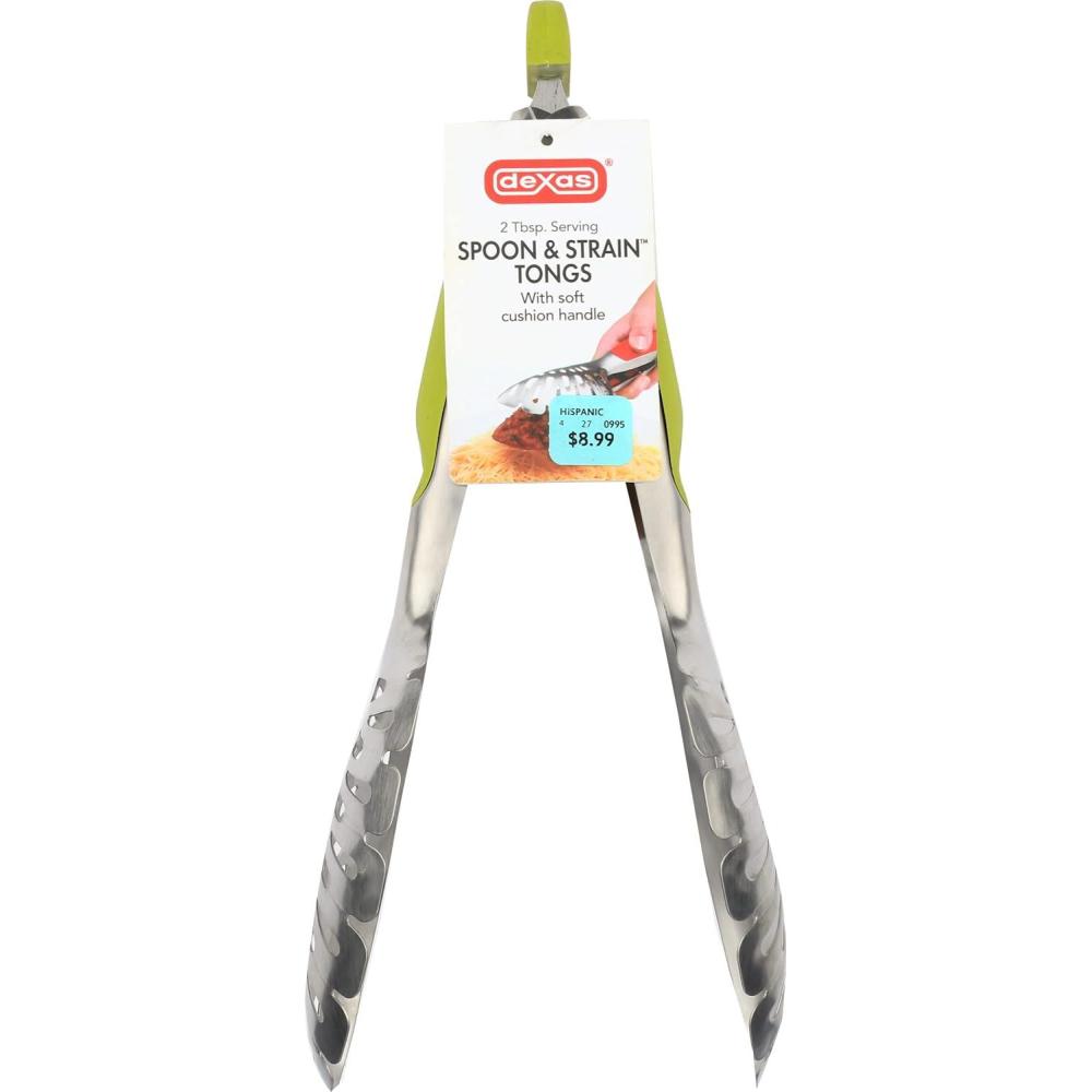 Dexas Spoon and Strain Stainless Steel Slotted Tongs, Green Handles(Green)