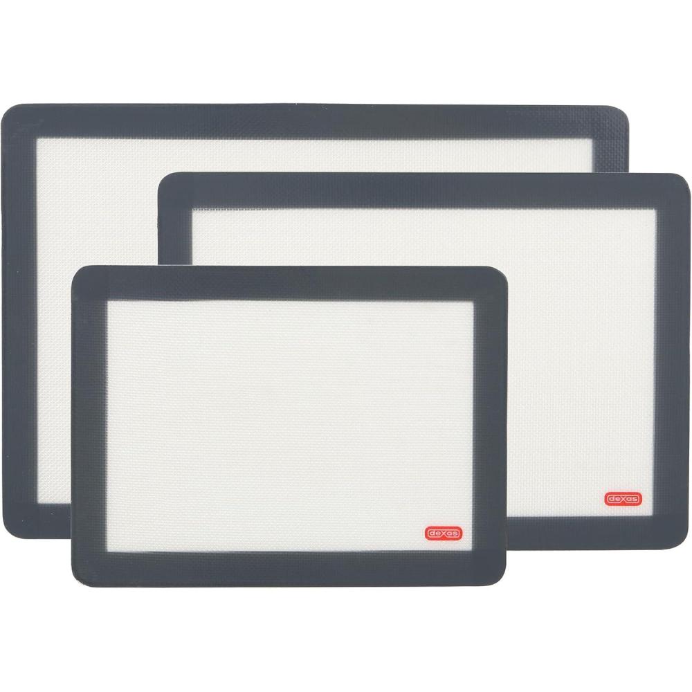 Dexas Silicone, Non-Stick, Food Safe Baking Mats 3 Pack, Clear w/Grey Edge. Includes Storage Bands. 3 Mat sizes: 16.5″x11.5″14″x10″,11.5″x8.5″