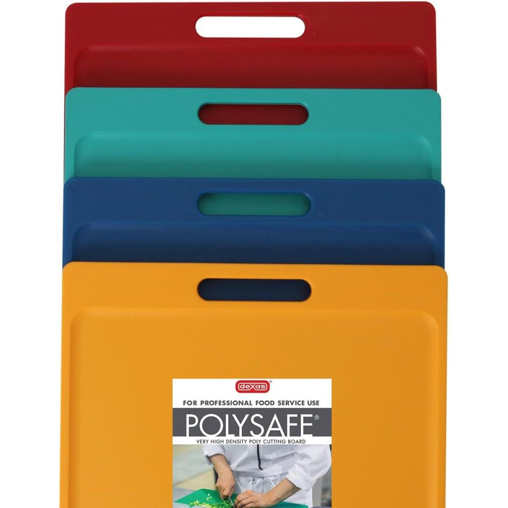 Dexas NSF Certified Polysafe Cutting Board with Handle and Juice Well, 12 x 18 inches, Reversible Kitchen Cutting Board, Blue(Assorted Colors)