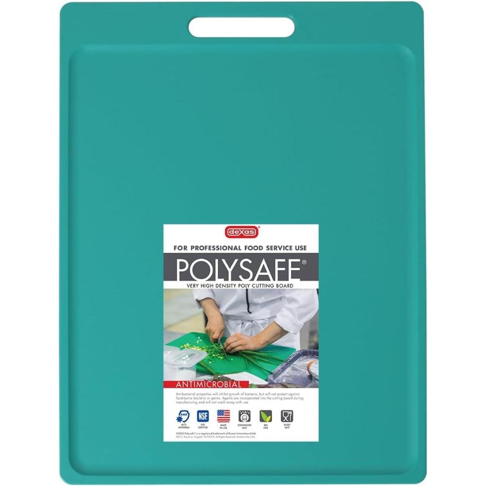 Dexas NSF Certified Polysafe Cutting Board with Handle and Juice Well, 12 x 18 inches, Reversible Kitchen Cutting Board, Blue(Teal Green)