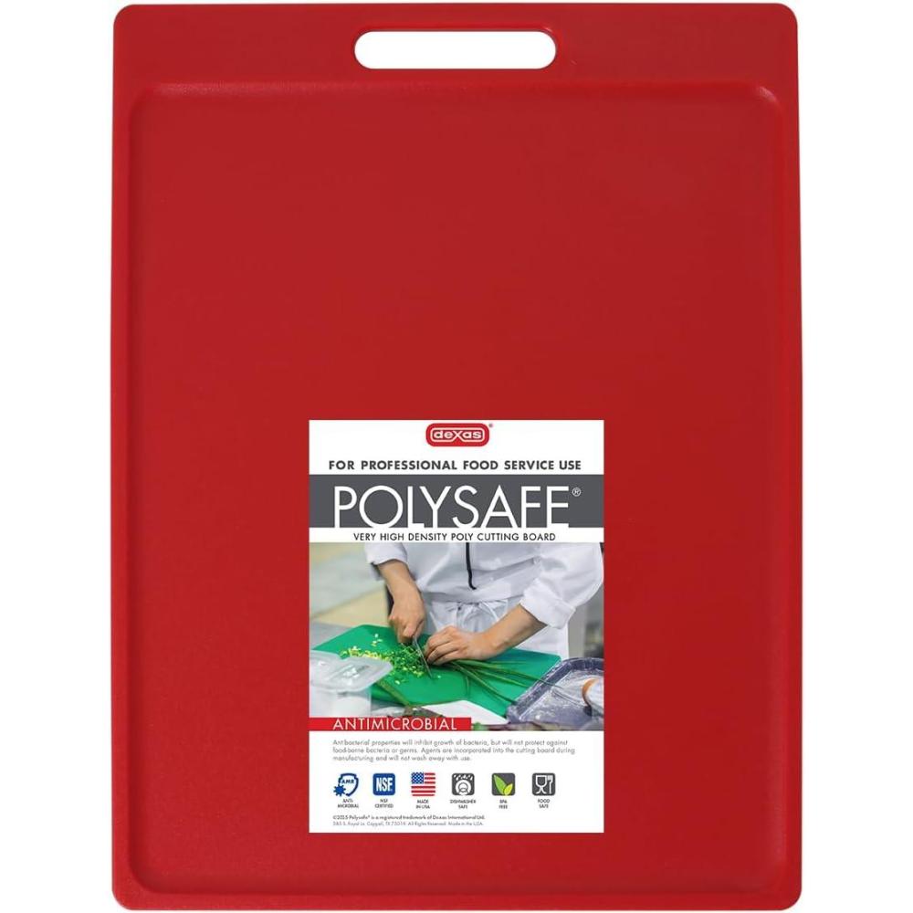 Dexas NSF Certified Polysafe Cutting Board with Handle and Juice Well, 12 x 18 inches, Reversible Kitchen Cutting Board, Blue(Red)