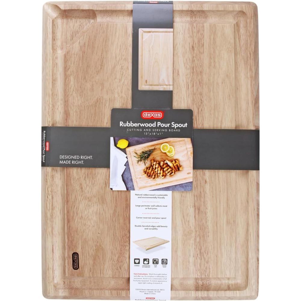 Dexas Rubberwood Pour Spout Cutting Board – 18″ x 13″ x 1″ | Juice Groove, Easy-Pour Corner, Heavy-Duty Wood Board for Carving & Chopping(18″L x 13″W)