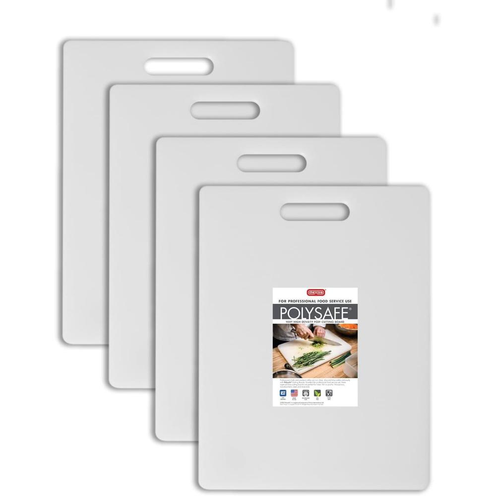 Dexas 4-Pack NSF Certified Polysafe Cutting Boards with Handle, 11 x 14.5 Inches, Reversible Kitchen Cutting Board, White