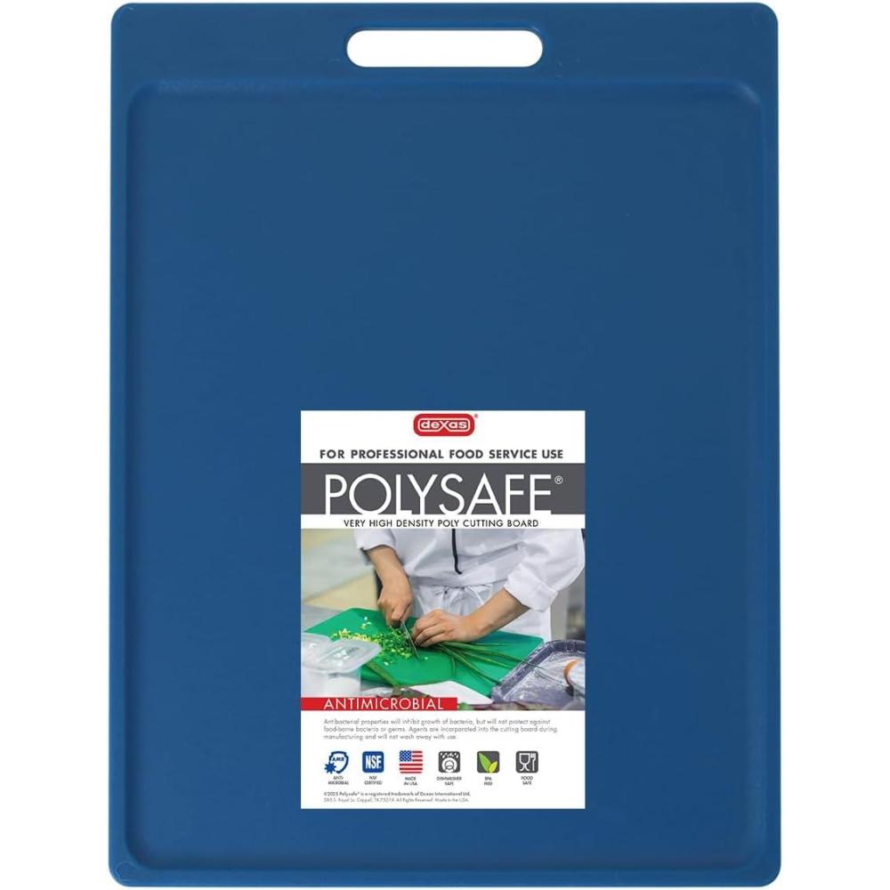 Dexas NSF Certified Polysafe Cutting Board with Handle and Juice Well, 12 x 18 inches, Reversible Kitchen Cutting Board, Blue(Blue)