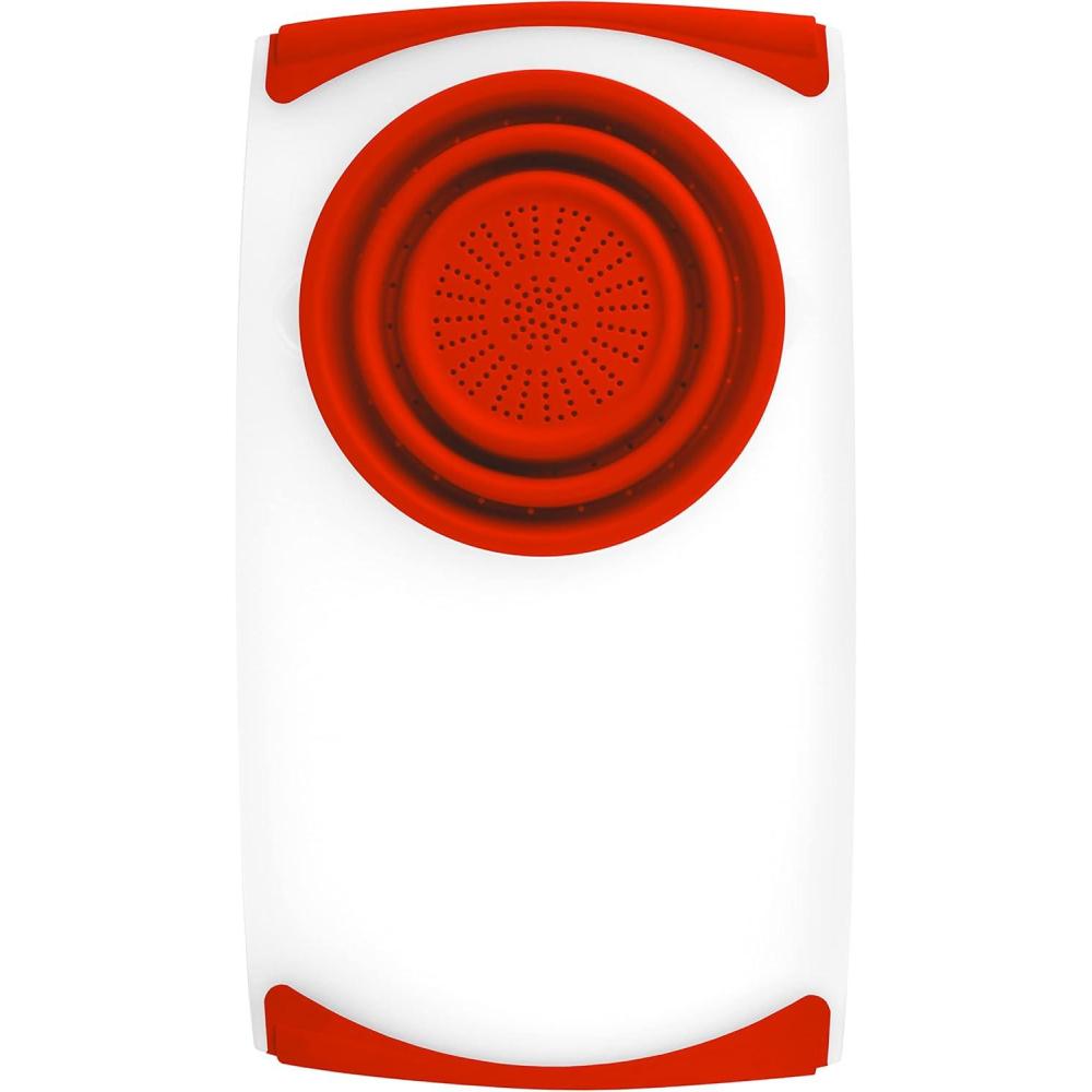 Dexas Over the Sink PolyFiber Flax Cutting Board with Collapsible Colander Strainer, 11.5 x 20″, Cream(Natural/Red)