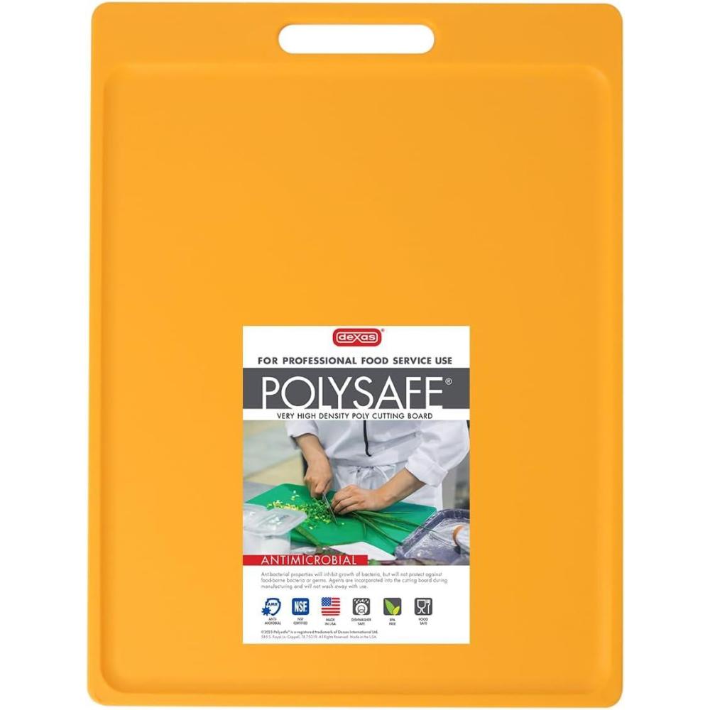 Dexas NSF Certified Polysafe Cutting Board with Handle and Juice Well, 12 x 18 inches, Reversible Kitchen Cutting Board, Blue(Yellow)