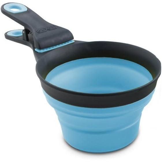 Dexas Popware for Pets Collapsible Klip Scoop, 3 in 1 Design Convenient Measuring Cup, Food Scooper and Bag Clip,1 Cup Capacity Pet Food Scoop, Versatile Food Measuring Cups Portion Control Gray/Green(Gray/Blue)