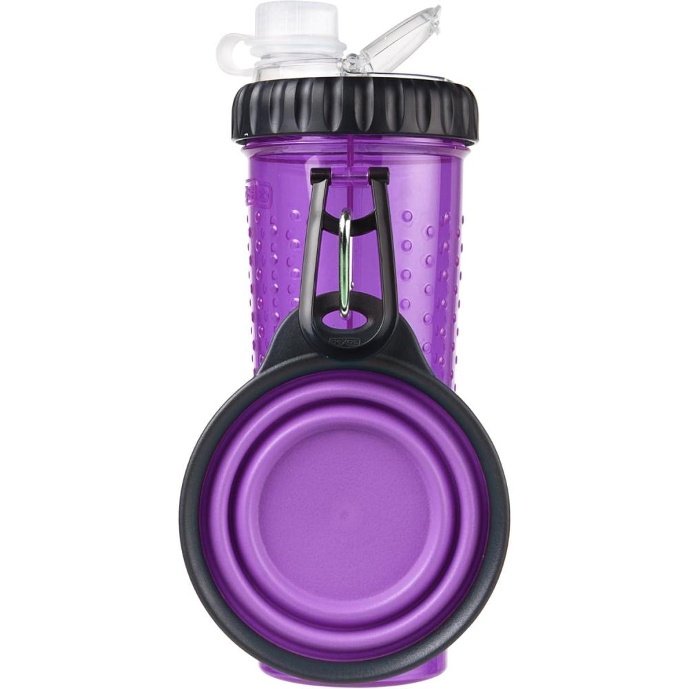 Dexas Popware for Pets Snack Duo Dual Chambered Hydration Bottle and Snack Container with Collapsible Pet Cup, Green(Purple)