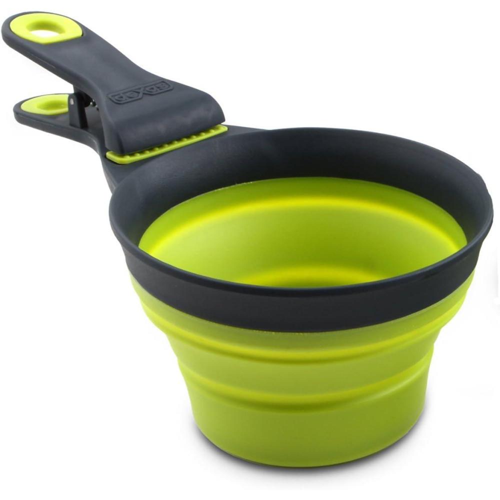 Dexas Popware for Pets Collapsible Klip Scoop, 3 in 1 Design Convenient Measuring Cup, Food Scooper and Bag Clip,1 Cup Capacity Pet Food Scoop, Versatile Food Measuring Cups Portion Control Gray/Green(Gray/Green)