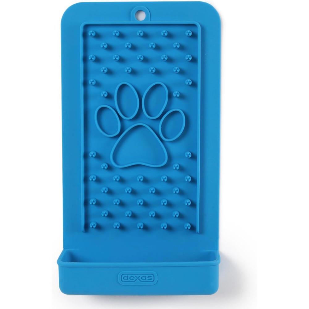 Dexas Snack & Distract Licking Mat with Catch Tray for Dogs and Cats-9.5″x 5.5″, Pro Blue. Sticks to Most Slick or Smooth Surfaces. Eases Anxiety, Prevents Boredom, Entertains and Distracts.(Pro Blue)