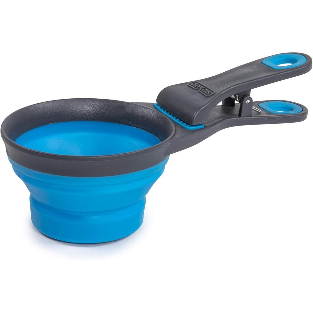 Dexas Popware for Pets Collapsible Klip Scoop, 3 in 1 Design Convenient Measuring Cup, Food Scooper and Bag Clip,1 Cup Capacity Pet Food Scoop, Versatile Food Measuring Cups Portion Control Gray/Green(Pro Blue)