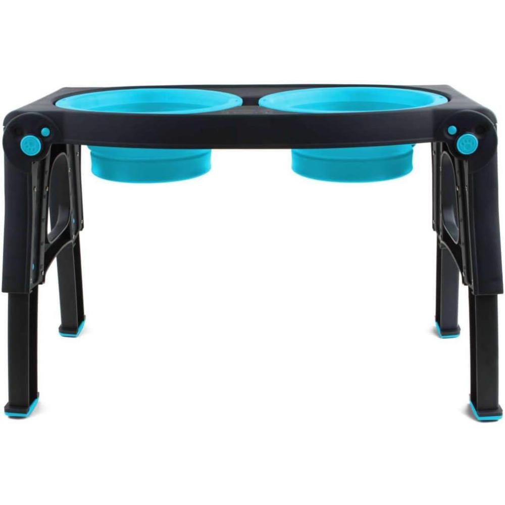 Dexas Pets Adjustable Height Double Pet Feeder with Stainless Steel Bowls(Gray/Blue)