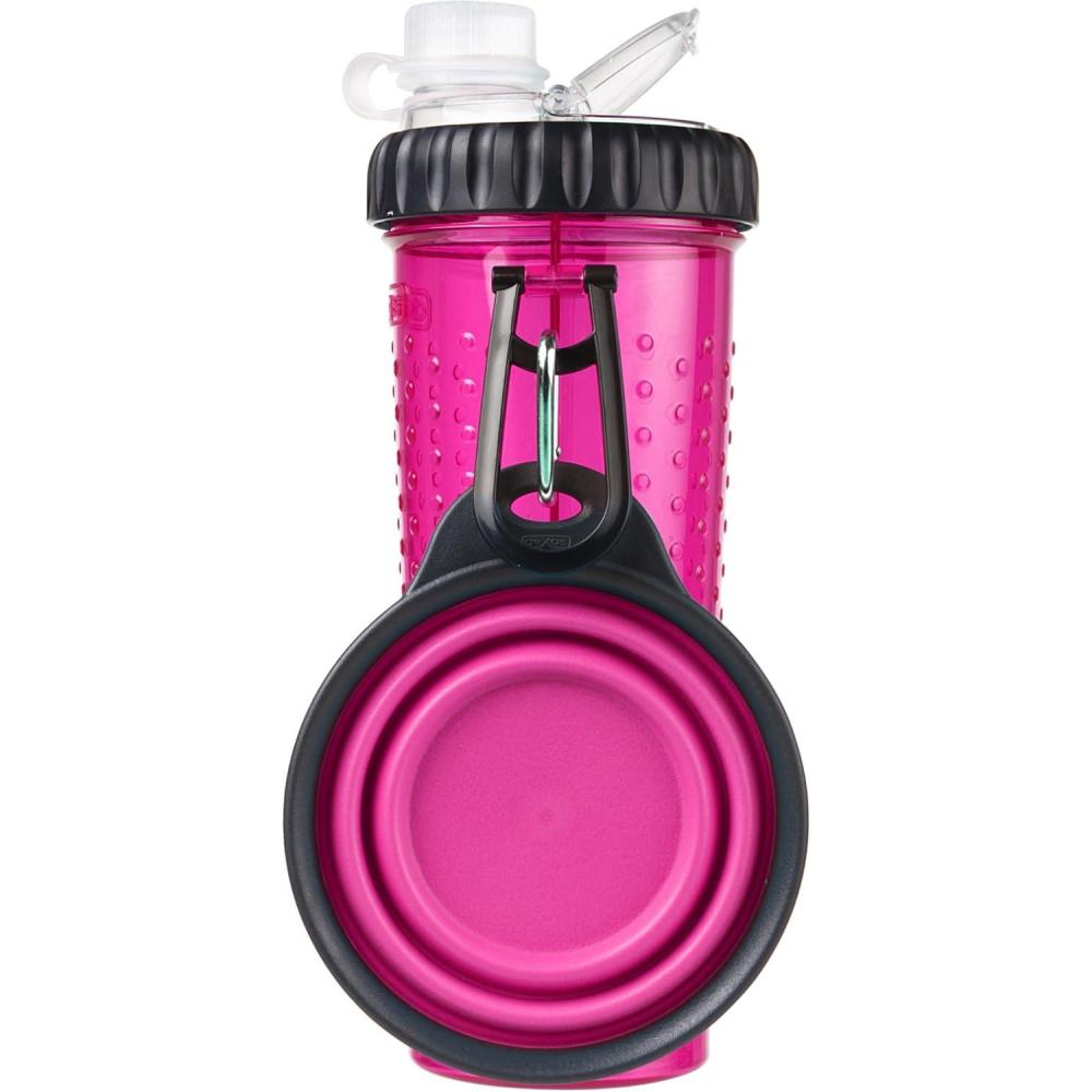 Dexas Popware for Pets Snack Duo Dual Chambered Hydration Bottle and Snack Container with Collapsible Pet Cup, Green(Pink)