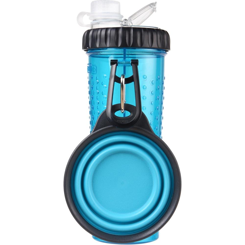 Dexas Popware for Pets Snack Duo Dual Chambered Hydration Bottle and Snack Container with Collapsible Pet Cup, Blue(Blue)