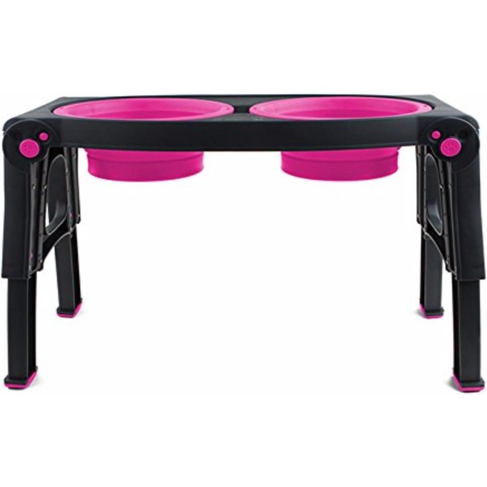 Dexas Pets Adjustable Height Double Pet Feeder with Stainless Steel Bowls(Gray/Pink)