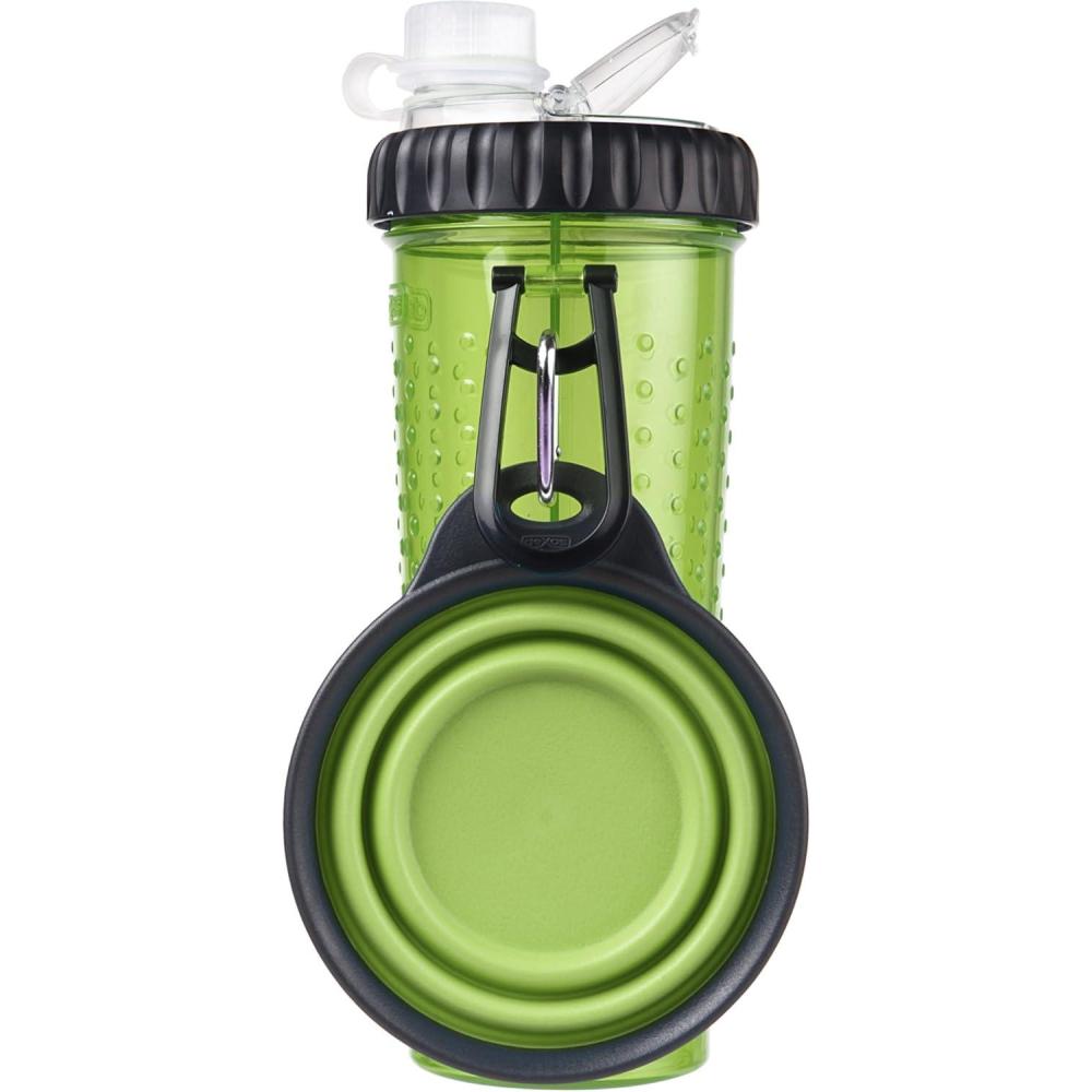 Dexas Popware for Pets Snack Duo Dual Chambered Hydration Bottle and Snack Container with Collapsible Pet Cup, Green(Green)