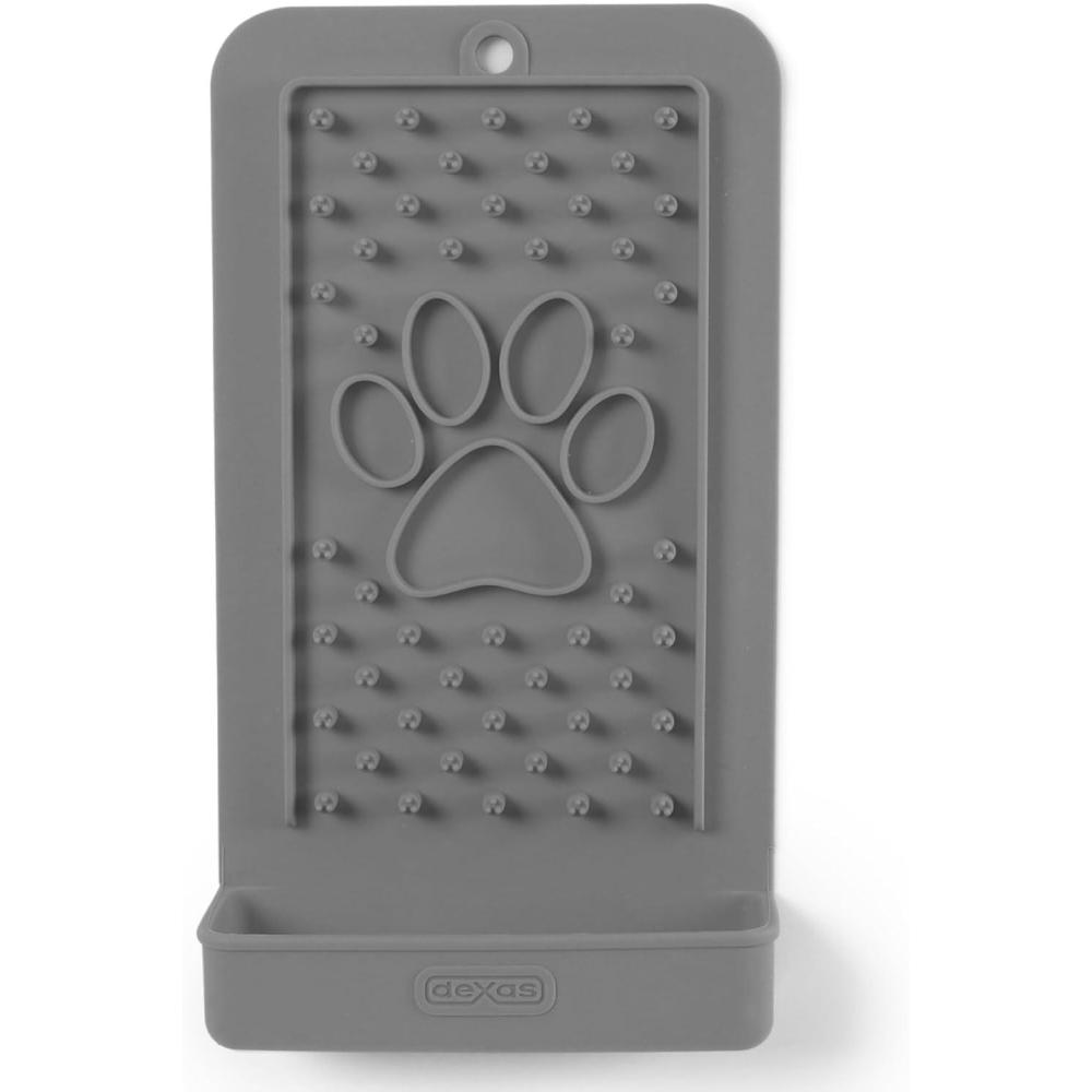 Dexas Snack & Distract Licking Mat with Catch Tray for Dogs and Cats-9.5″x 5.5″, Pro Blue. Sticks to Most Slick or Smooth Surfaces. Eases Anxiety, Prevents Boredom, Entertains and Distracts.(Light Gray)