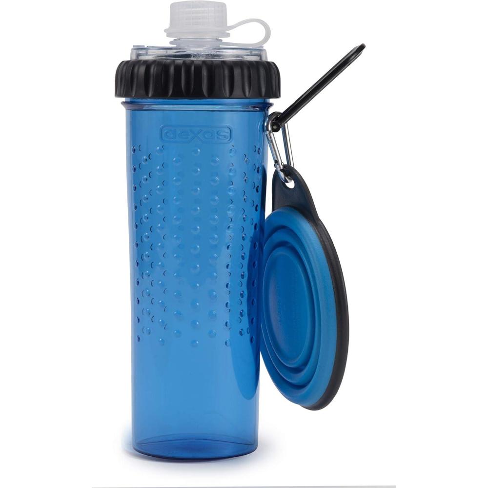 Dexas Popware for Pets Snack Duo Dual Chambered Hydration Bottle and Snack Container with Collapsible Pet Cup, Green(Pro Blue)