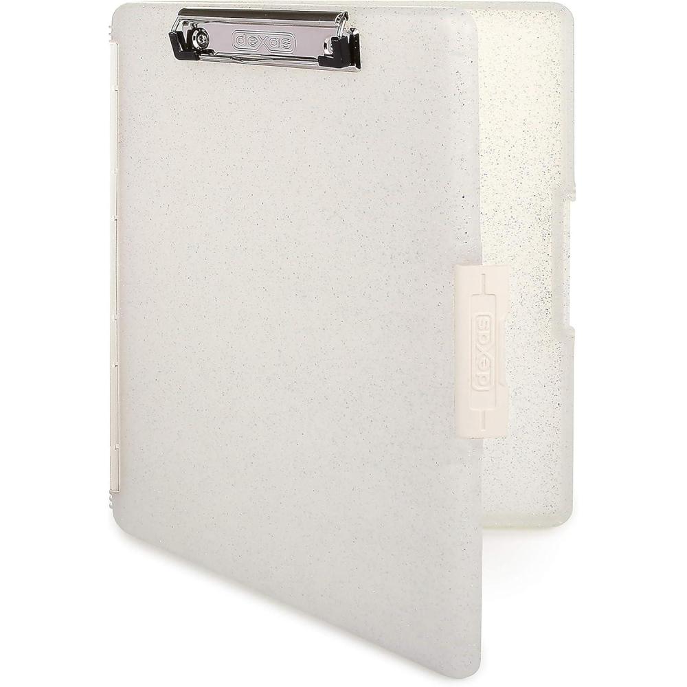 Dexas Slimcase 2 Plastic Clipboard with Storage and Side Opening, Natural Glitter Pink Binding, Office Supplies Clipboards to Organize, A4 Holder, Nursing Clipboards(Natural Glitter White Binding)