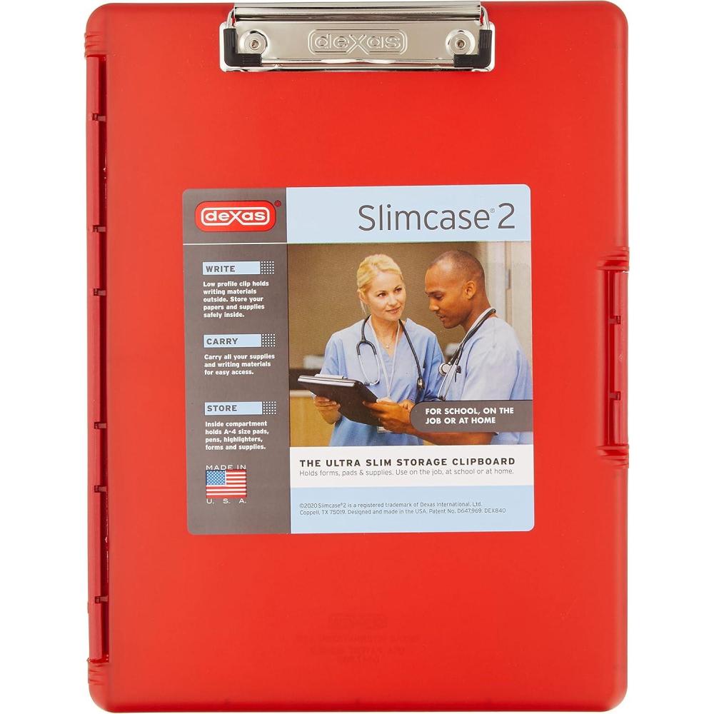 Dexas Slimcase 2 Plastic Clipboard with Storage and Side Opening, Natural Glitter Pink Binding, Office Supplies Clipboards to Organize, A4 Holder, Nursing Clipboards(Strawberry Red)