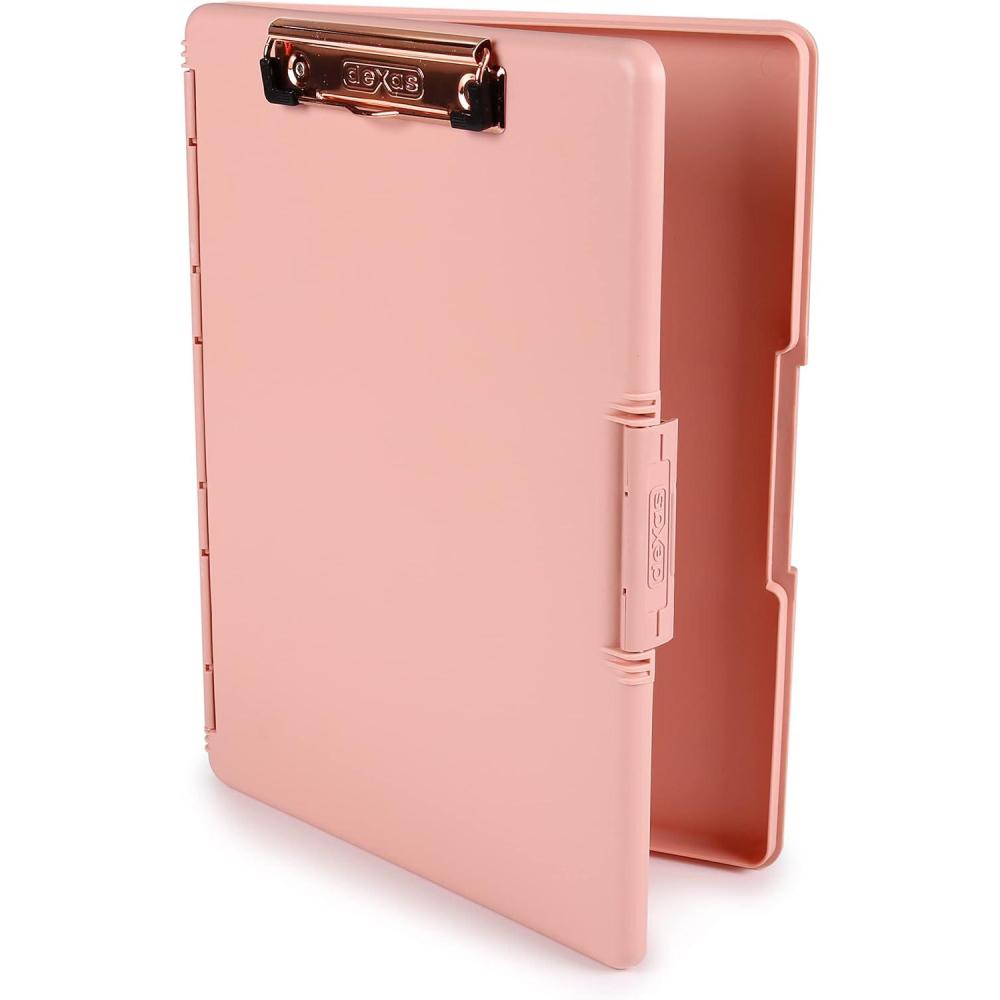 Dexas Slimcase 2 Plastic Clipboard with Storage and Side Opening, Natural Glitter Pink Binding, Office Supplies Clipboards to Organize, A4 Holder, Nursing Clipboards(Blush Pink With Rose Gold Clip)
