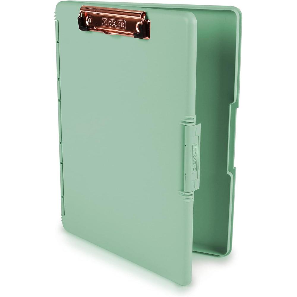 Dexas Slimcase 2 Plastic Clipboard with Storage and Side Opening, Natural Glitter Pink Binding, Office Supplies Clipboards to Organize, A4 Holder, Nursing Clipboards(Foam Green Rose Gold)