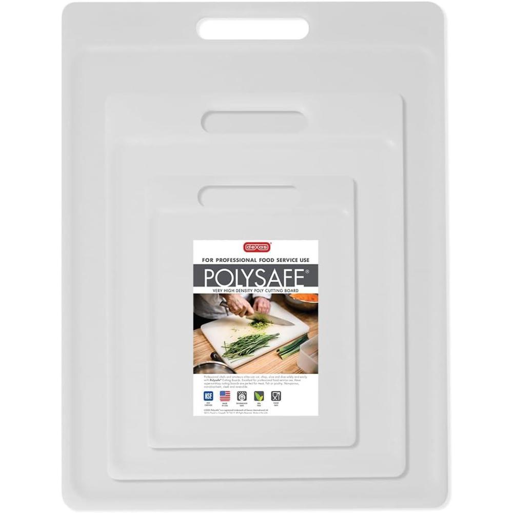 Dexas 3-Pack NSF Certified Polysafe Cutting Boards with Handle, 6.25 x 8.5, 8.5 x 11, 11 x 14.5 Inches, Reversible Kitchen Cutting Board, White